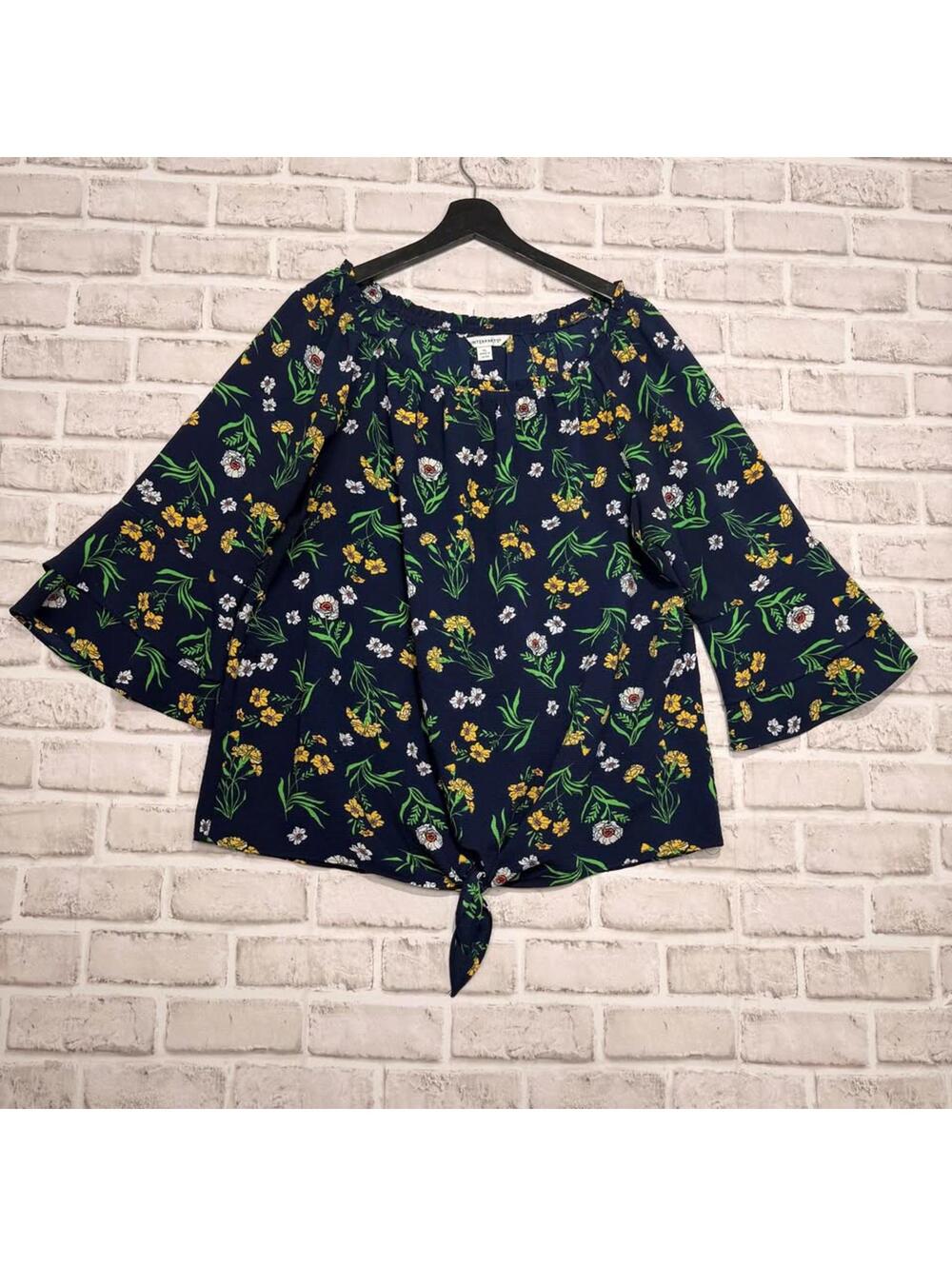Counterparts Navy Floral Blouse Women's XL Short Sleeve Peasant